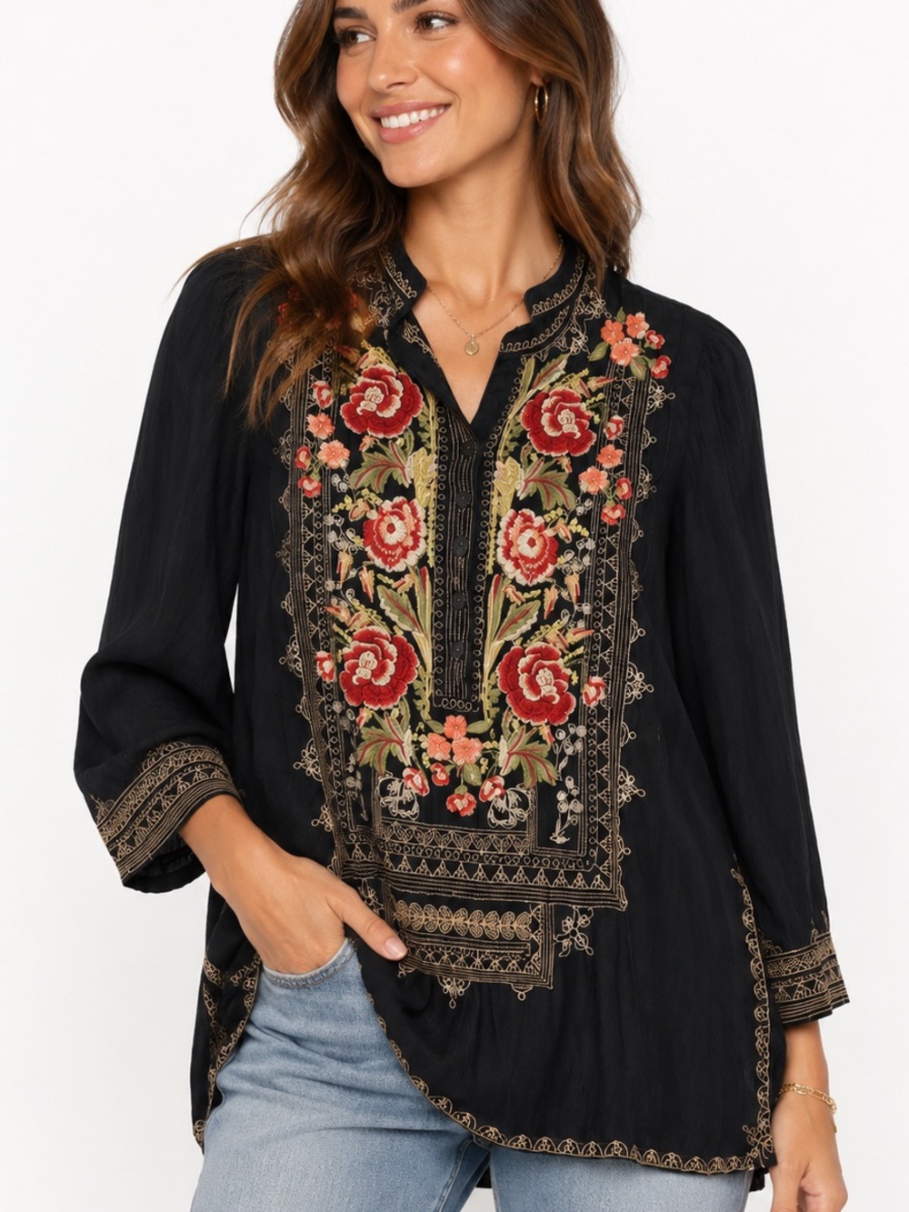 Johnny Was Black Meadow Tunic Embroidered Boho Blouse Top SMALL Long Sleeve